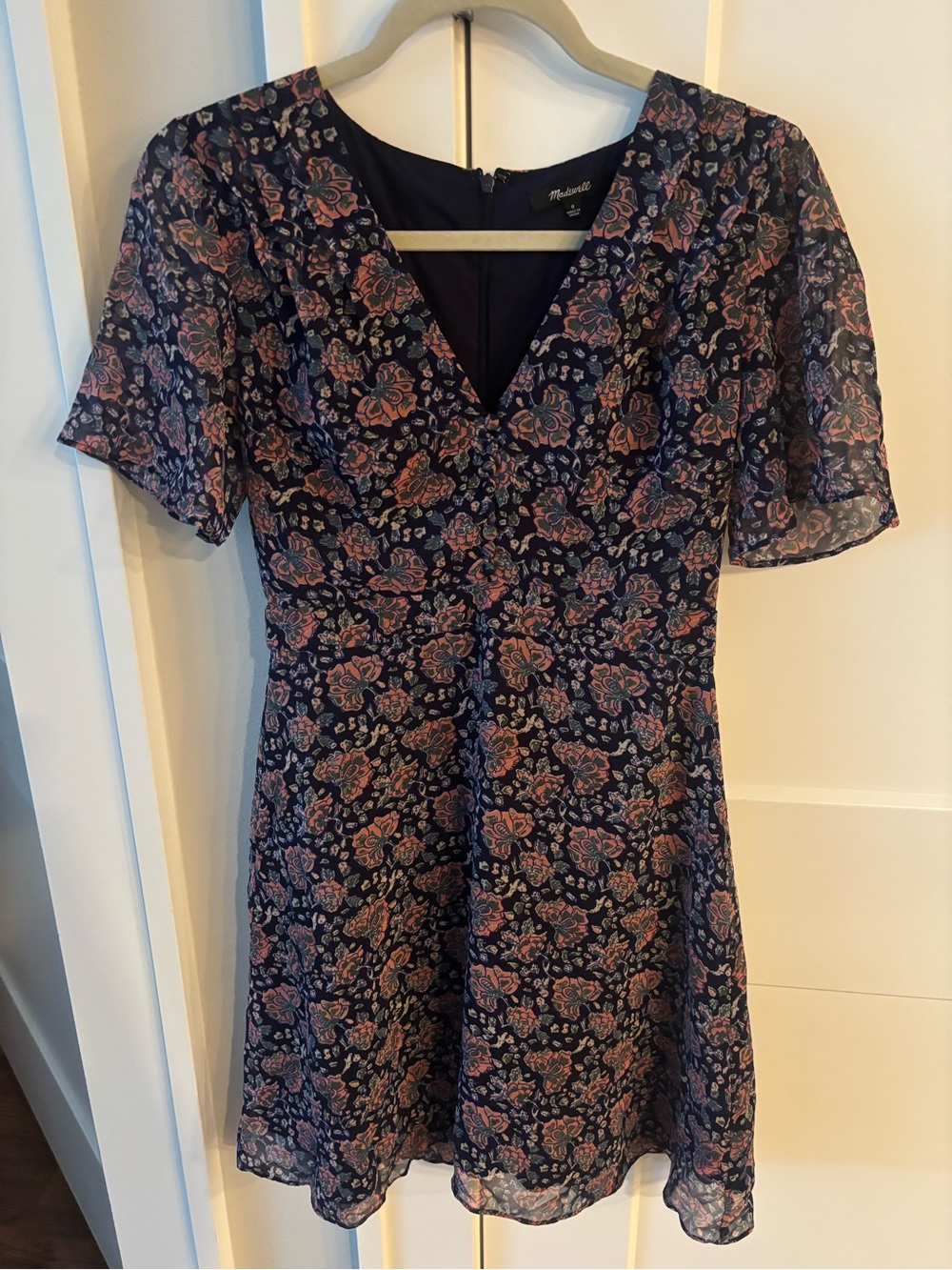 Madewell Navy Floral V-Neck Mini Dress with Pink & Blue Accents